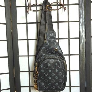 Black & Gray Flower Pattern Sling Bag With Owl Charm New Without Tags